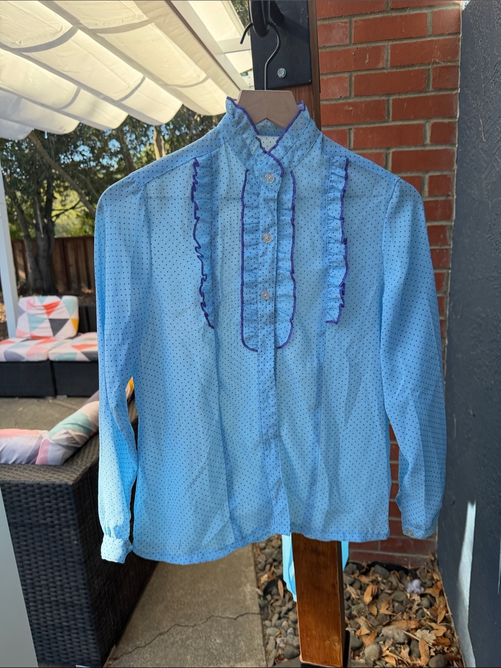 Light Blue Women's Long-Sleeve Ruffle-Front Shirt